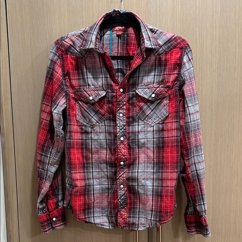 Arizona Jean Company Red and Gray Plaid Button Down Shirt